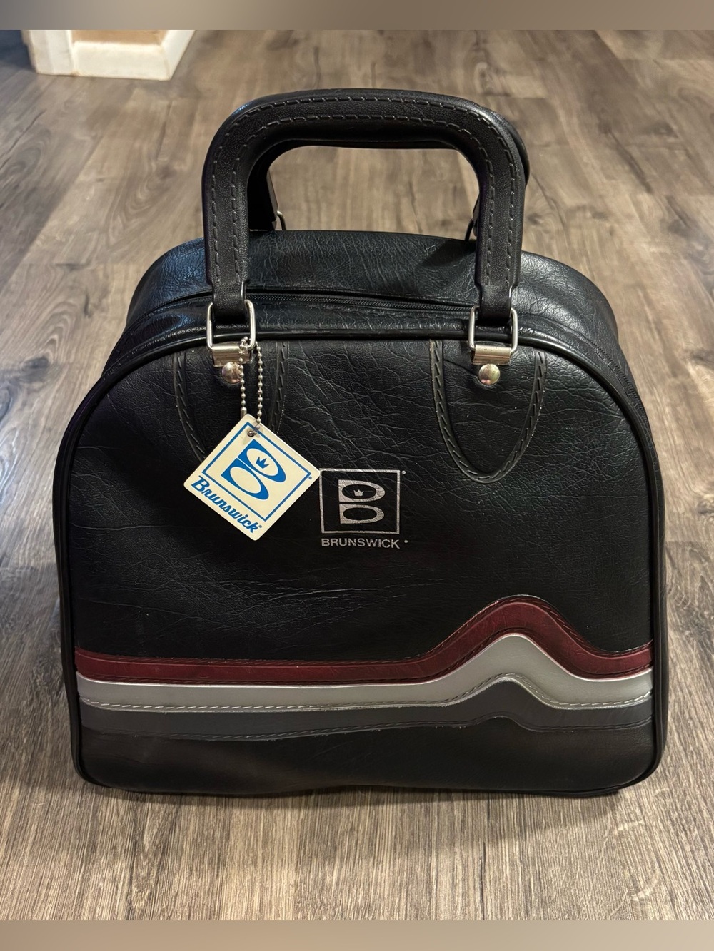 Vintage Brunswick Bowling Ball Bag Black Tri Color Red Gray Stripes Wire Frame